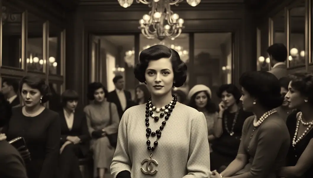 Coco Chanel in a Parisian salon, redefining fashion rules.
