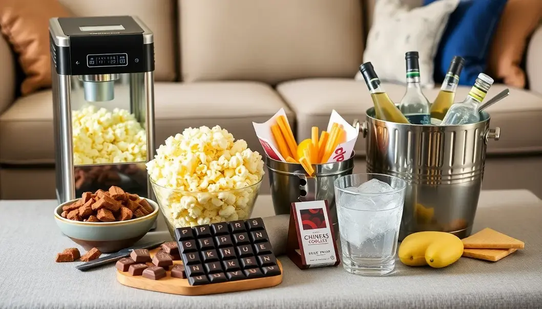 A cozy living room set up perfectly for an immersive movie night experience.