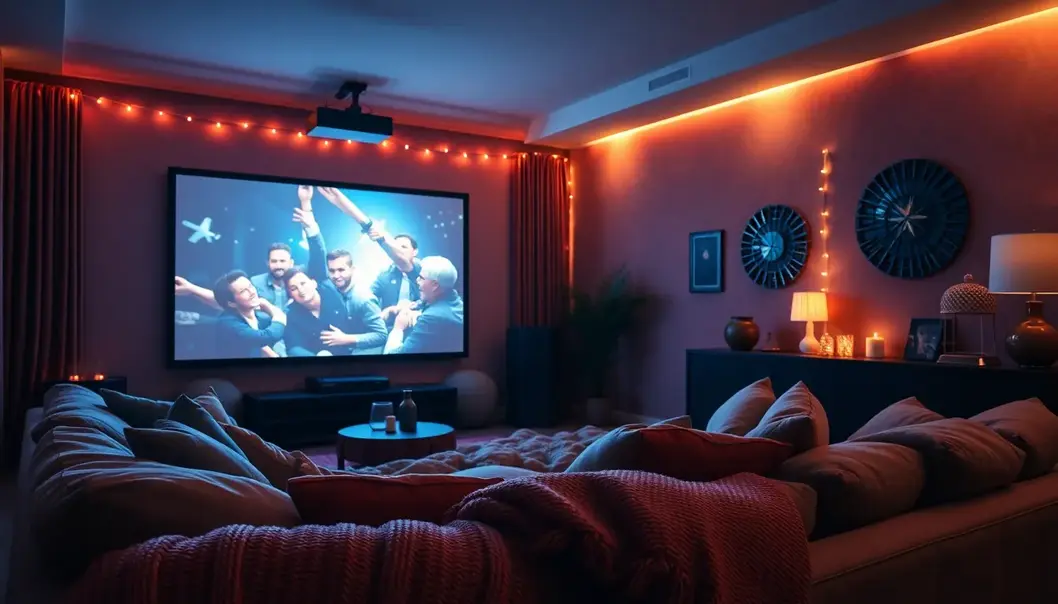 A cozy living room set up perfectly for an immersive movie night experience.