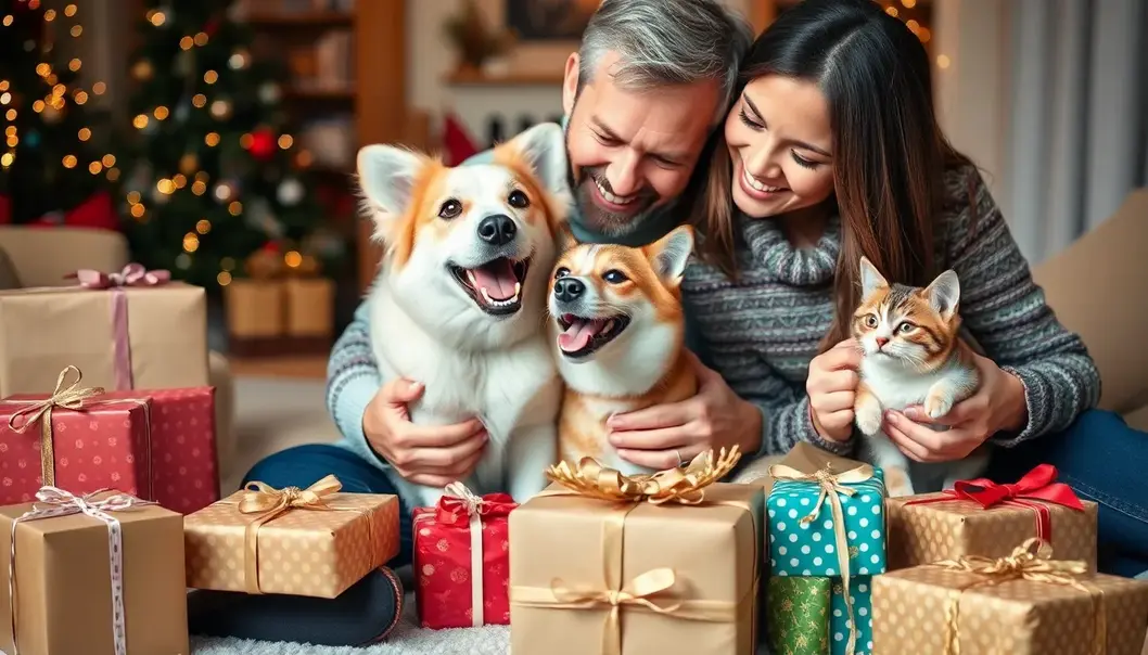 A pet owner affectionately with their pets next to a collection of wrapped gifts.