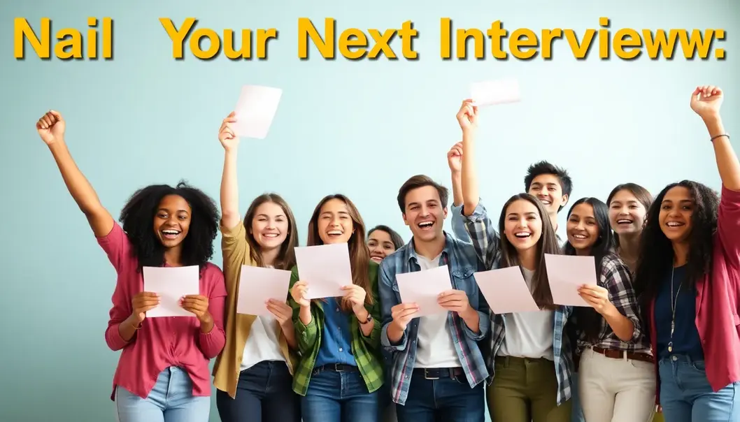 Group of diverse teens celebrating with papers, symbolizing job interview success.