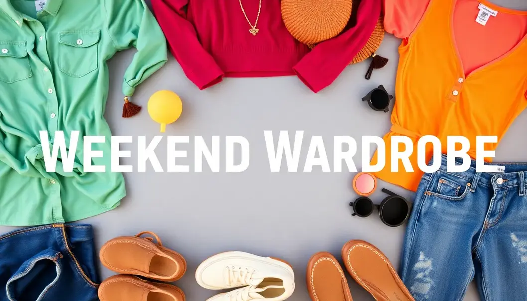 Flat lay of colorful, casual clothing and accessories set for a weekend.