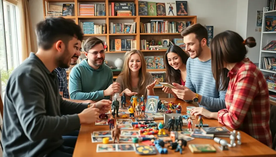 Nostalgia Reloaded: The Return of Iconic Collectible Toys Young adults sharing and reminiscing over collectible toys from their childhood.